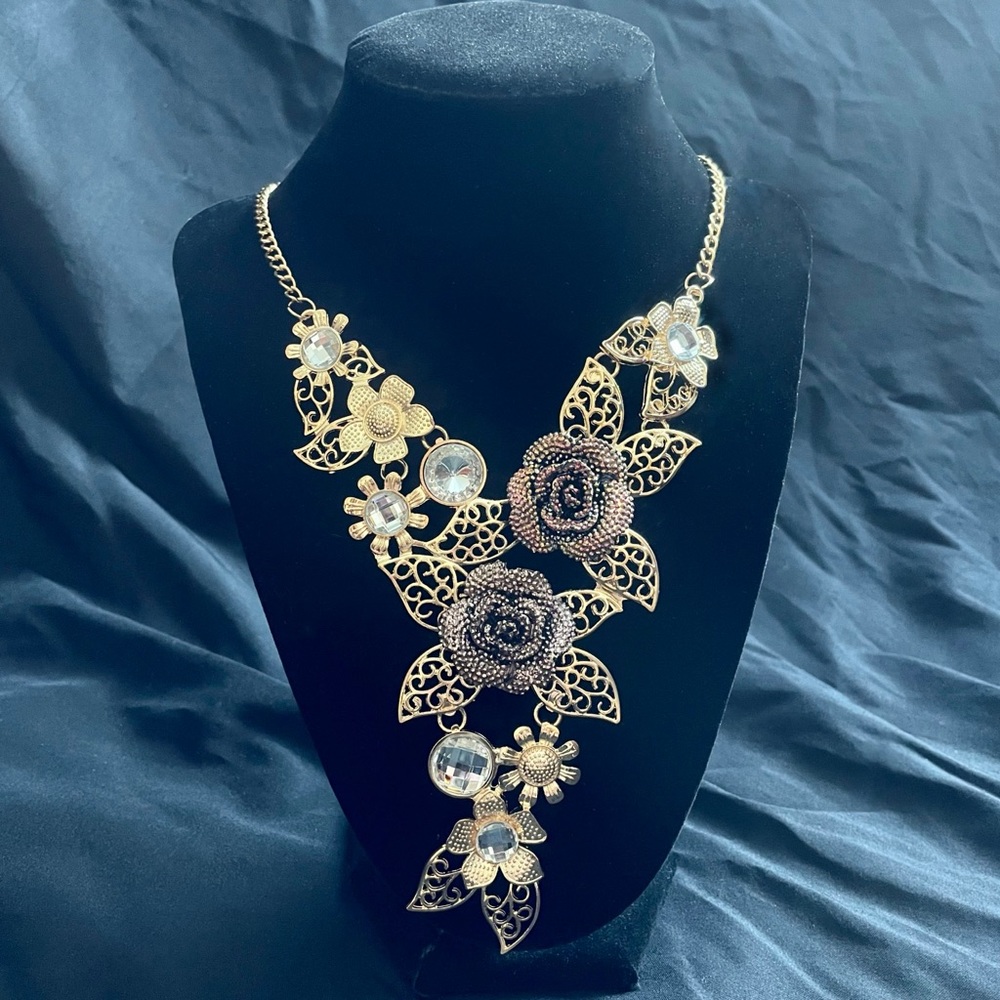 Floral Rhinestone Statement Bib Necklace